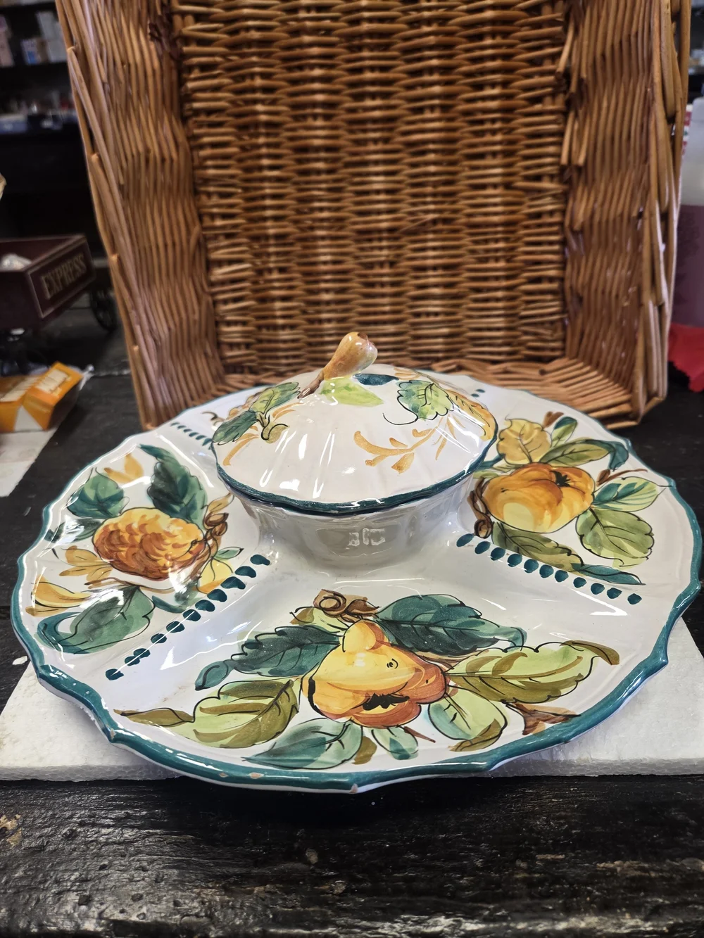 Hand-Painted VINTAGE ITALIAN MAJOLICA Ceramic Platter with Covered Dip